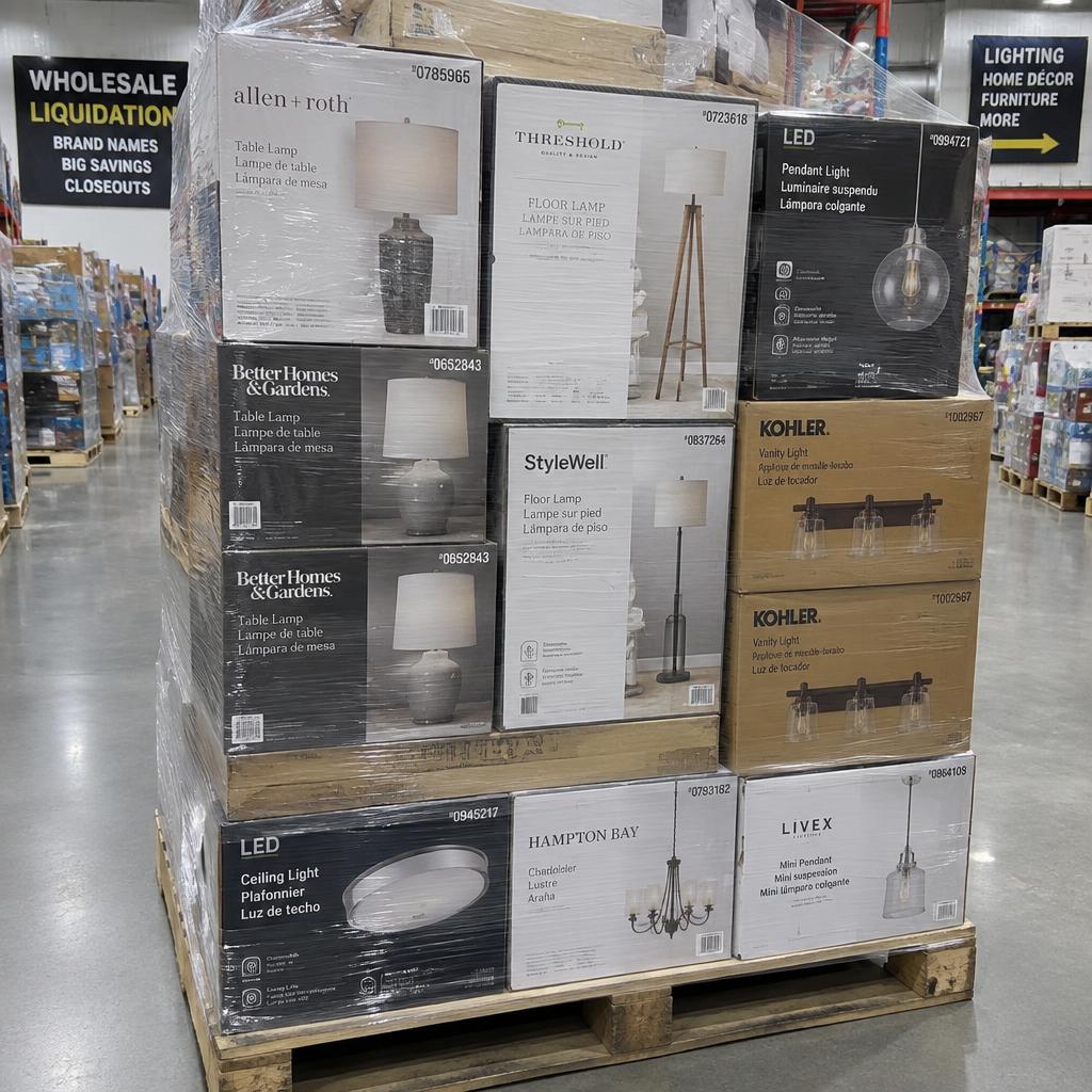 Shrink-wrapped pallet of brand-name lamps and lighting