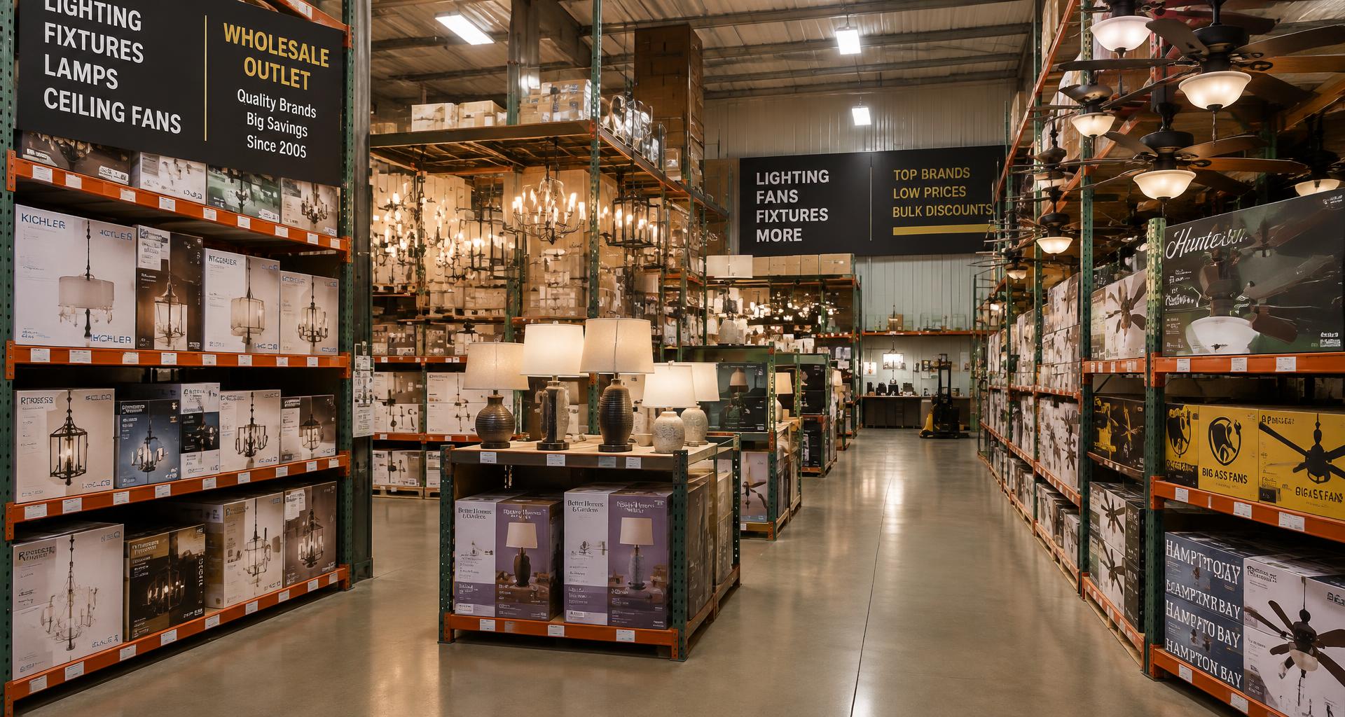 Great Finds Outlet warehouse aisle stocked with lamps and ceiling fans